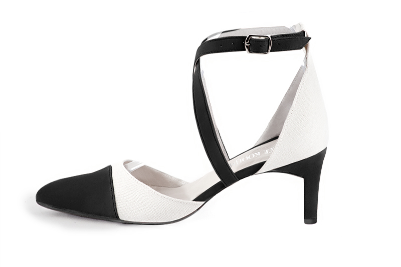 Matt black and off white women's open side shoes, with crossed straps. Tapered toe. Medium comma heels. Profile view - Florence KOOIJMAN